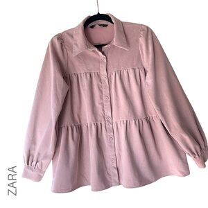 ZARA | DUSTY PINK CORDUROY LIKE NEW LONG SLEEVE TIERED TOP BUTTON FRONT | SMALL